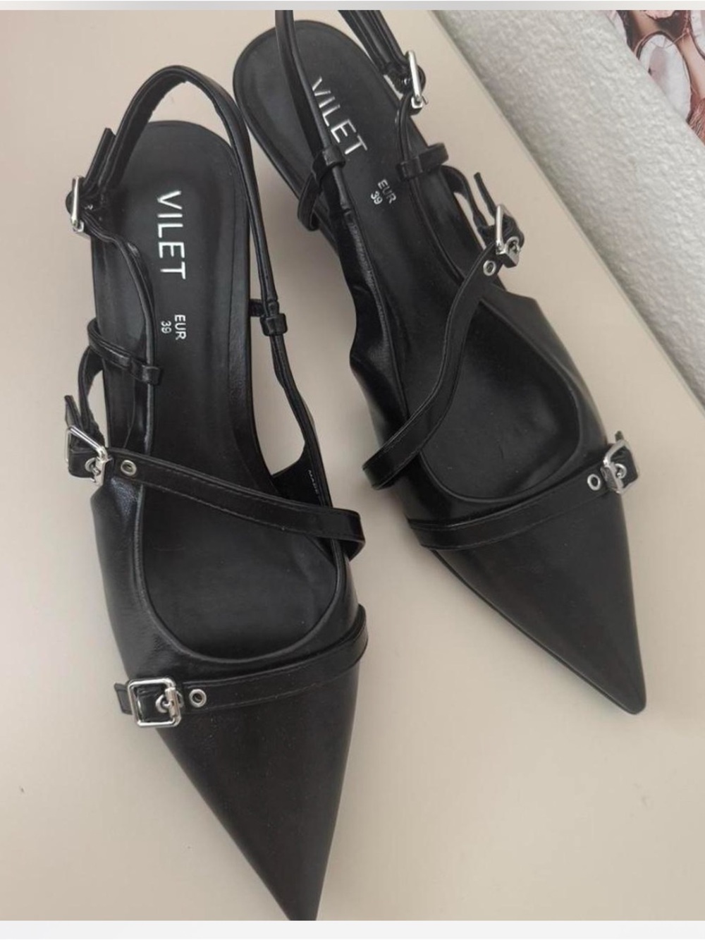 Black Pointed Slingback Heels with Buckle Straps